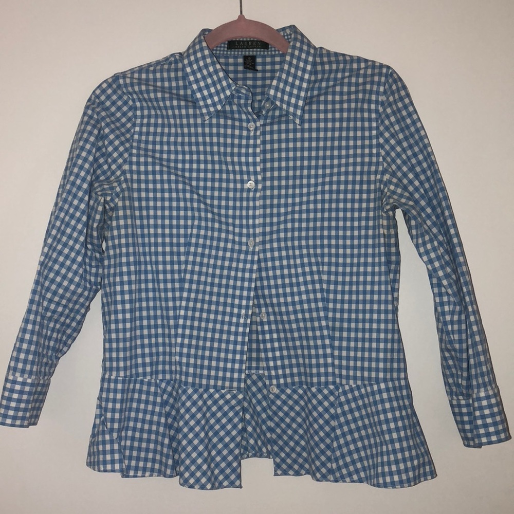 Ralph Lauren light blue gingham peplum blouse